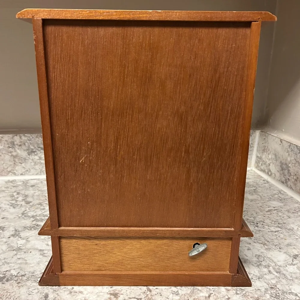 Vintage Wooden Jewelry Box Armoire Brown Vintage Etched Glass Necklace Carousel